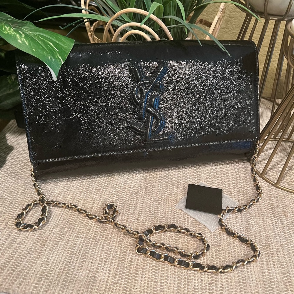SOLD ! YSL Yves saint Laurent belle du jour clutch bag on chain black patent